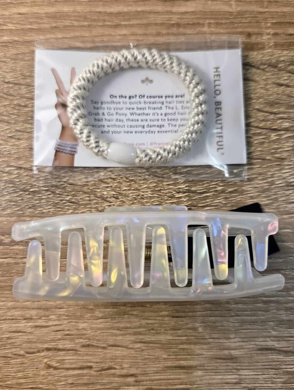France Luxe L. Erickson Rectangle Claw Clip + Grab & Go Pony Hair Tie - Opal - Picture 7 of 7